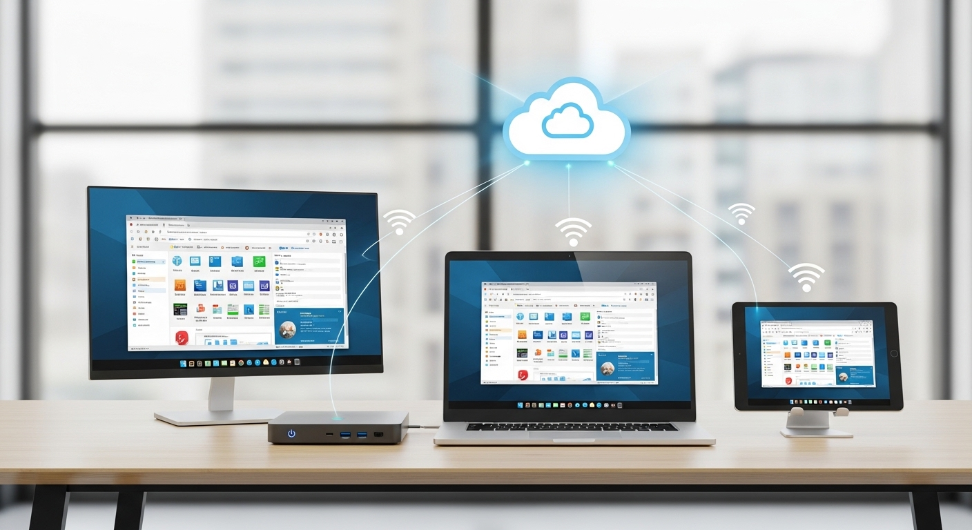 Thin client, laptop, and tablet all connected to the same cloud-hosted desktop environment.