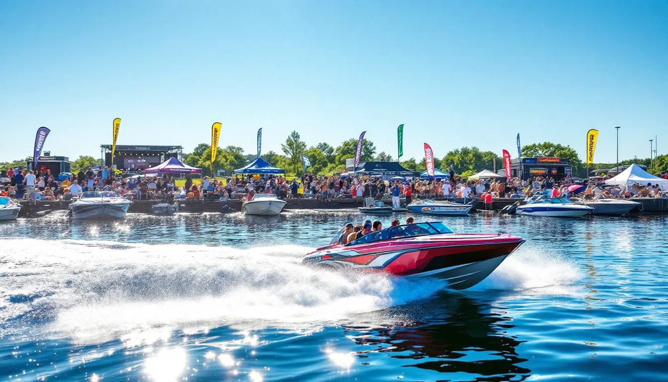 A vibrant scene at the Lake of the Ozarks shows a colorful powerboat racing across the water, leaving a dramatic spray behind it, while excited spectators cheer from anchored boats and the shoreline. The background features a lively festival atmosphere with food trucks and a music stage under a bright summer sky, enhancing the excitement of the Ozarks Shootout event.
