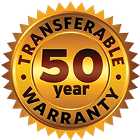 A graphic of a gold seal with the text '50 Year' and 'Transferable Warranty.'