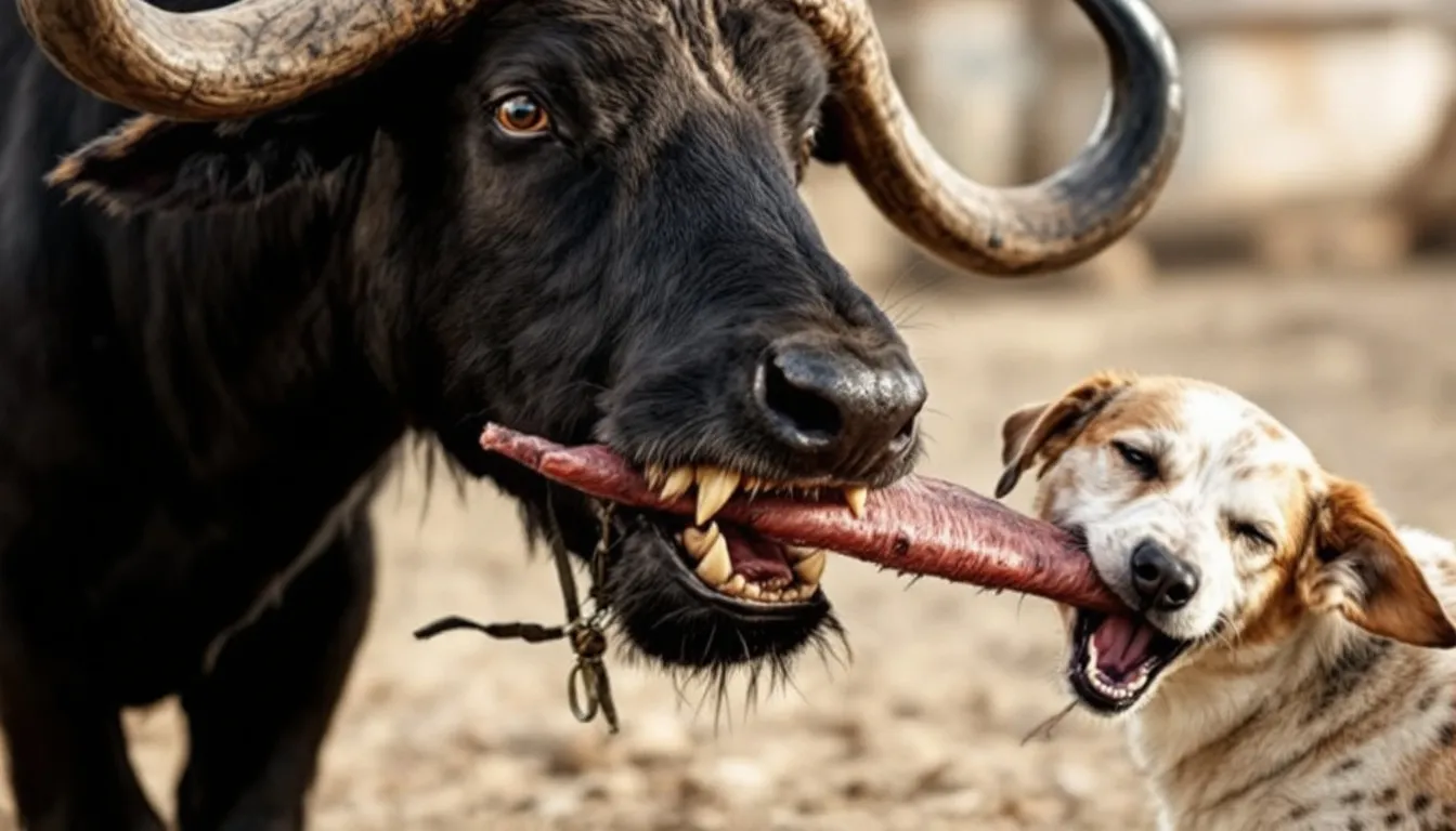 A dog being supervised while chewing on a water buffalo pizzle to ensure safety.