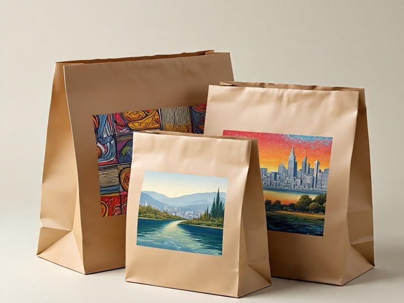 An image of three brown paper bags. The biggest bag has colorful abstract drawings, the medium bag shows tall buildings with a sunset sky, and the smallest bag has a picture of a river, trees, and mountains.