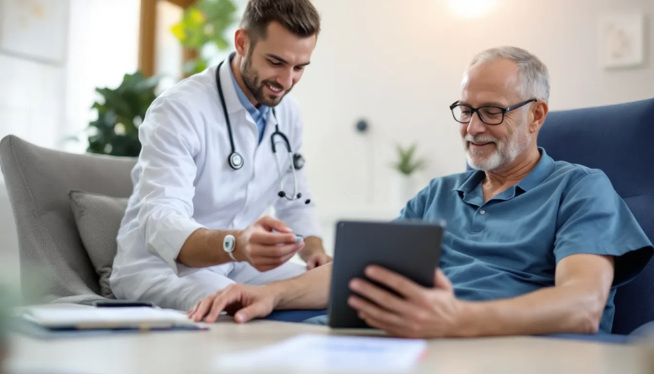 A patient is actively using a remote monitoring device to track their health, while a healthcare provider reviews data trends on a tablet, focusing on improving patient outcomes and enhancing patient satisfaction through value-based care models. This interaction highlights the importance of data analytics in care coordination and quality improvement efforts.