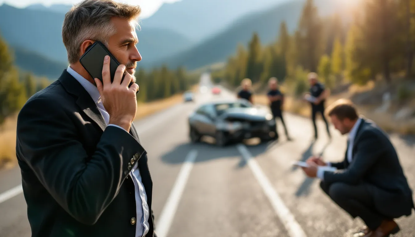 A client is engaged in a phone conversation with their attorney, who is investigating the scene of a car accident in scenic Colorado, while blurred police officers are present in the background. This image highlights the importance of having an experienced car accident lawyer to navigate personal injury claims and ensure fair compensation for accident victims.