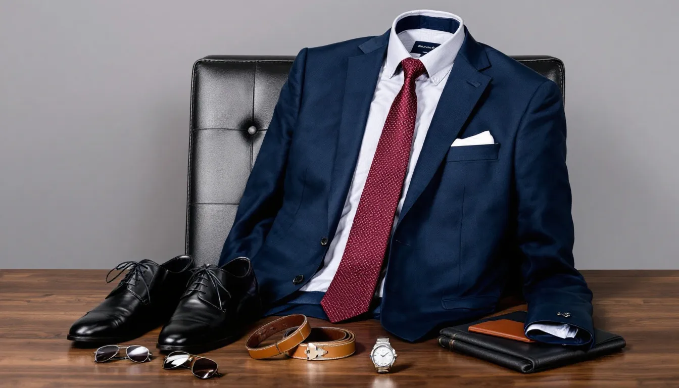 En elegant uppställning av herrkläder och accessoarer, inklusive kostymer, slipsar och klockor, som visar det perfekta utbudet för den stilmedvetne mannen. Detta arrangemang ger inspiration för att hitta den perfekta gåvan oavsett tillfälle.