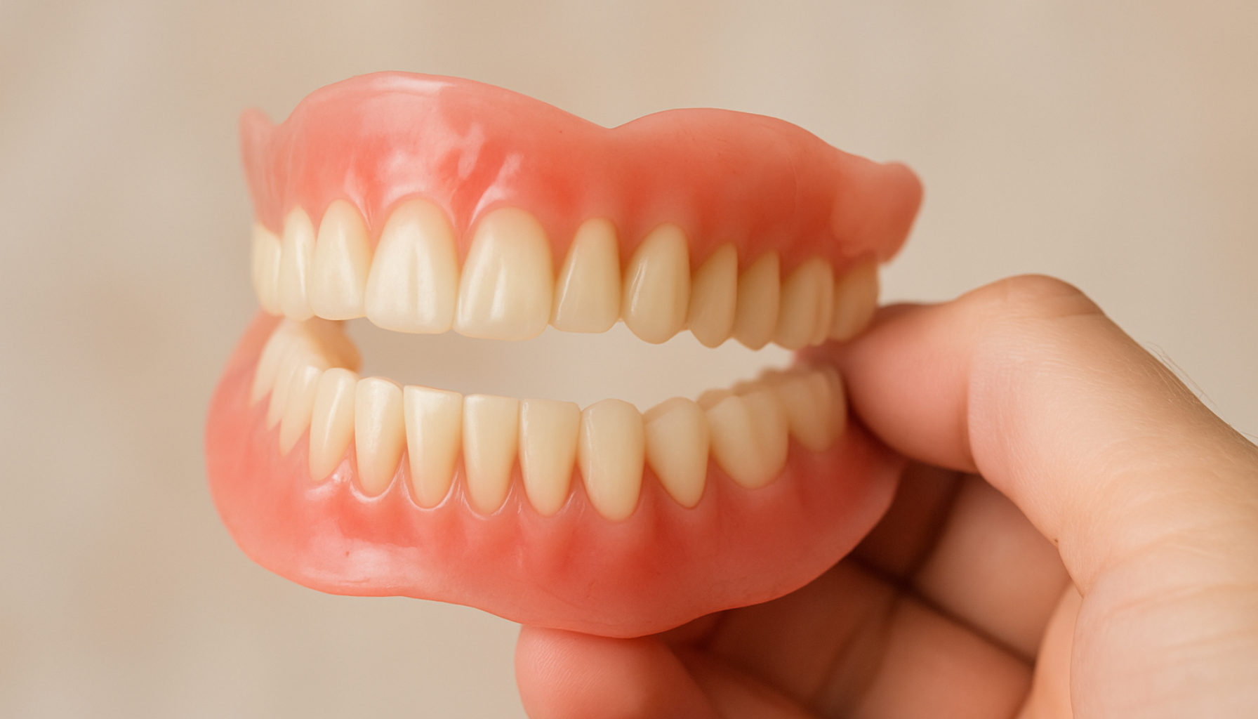 Nærbilde av naturtro tannproteser i hånd, viser detaljerte tenner og rosa tannkjøtt mot nøytral bakgrunn.