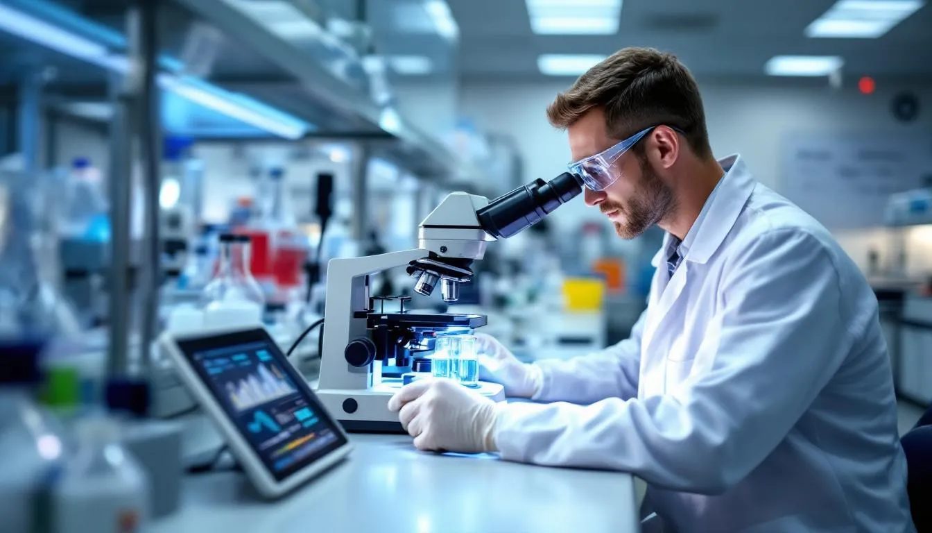 A laboratory scientist is intently examining PFOS chemical samples under a microscope, highlighting the importance of assessing health risks associated with PFAS exposure in drinking water and the potential environmental health hazards posed by these hazardous substances. The scene emphasizes the critical role of scientific studies in understanding the health effects and contamination levels of toxic chemicals like PFOS.