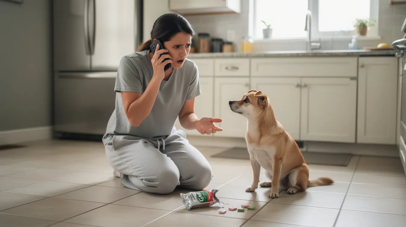 A worried pet owner kneels on a kitchen floor, speaking on a cell phone while their small dog sits nearby next to a spilled pack of sugar-free chewing gum, which contains xylitol. The scene captures the owner's concern over potential xylitol ingestion and its effects on the dog's blood sugar levels.