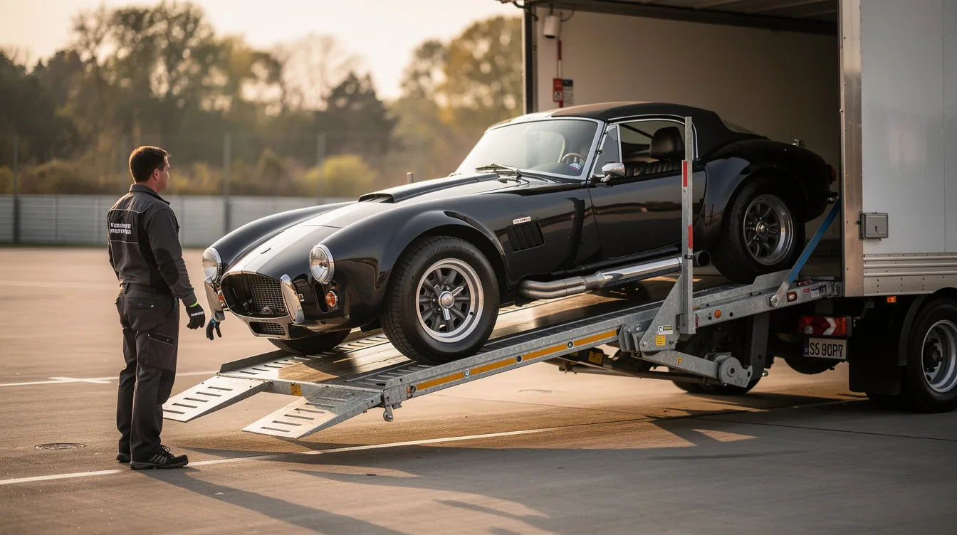 A vintage sports car is being carefully loaded onto an enclosed transport trailer using a hydraulic liftgate, ensuring the vehicle is safely secured for its journey. This scene highlights the importance of classic car transport services in preserving the pristine condition of classic vehicles during shipping.
