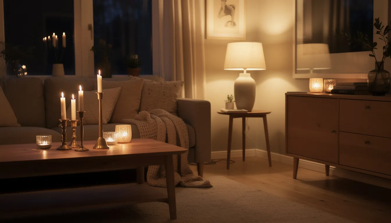 Ett mysigt vardagsrum med tända ljus i eleganta ljusstakar och en varm bordslampa som står vid fönstret, vilket skapar en inbjudande atmosfär. Rummet är inrett med personliga detaljer och en stilren design som gör hemmet både vackert och hemtrevligt.