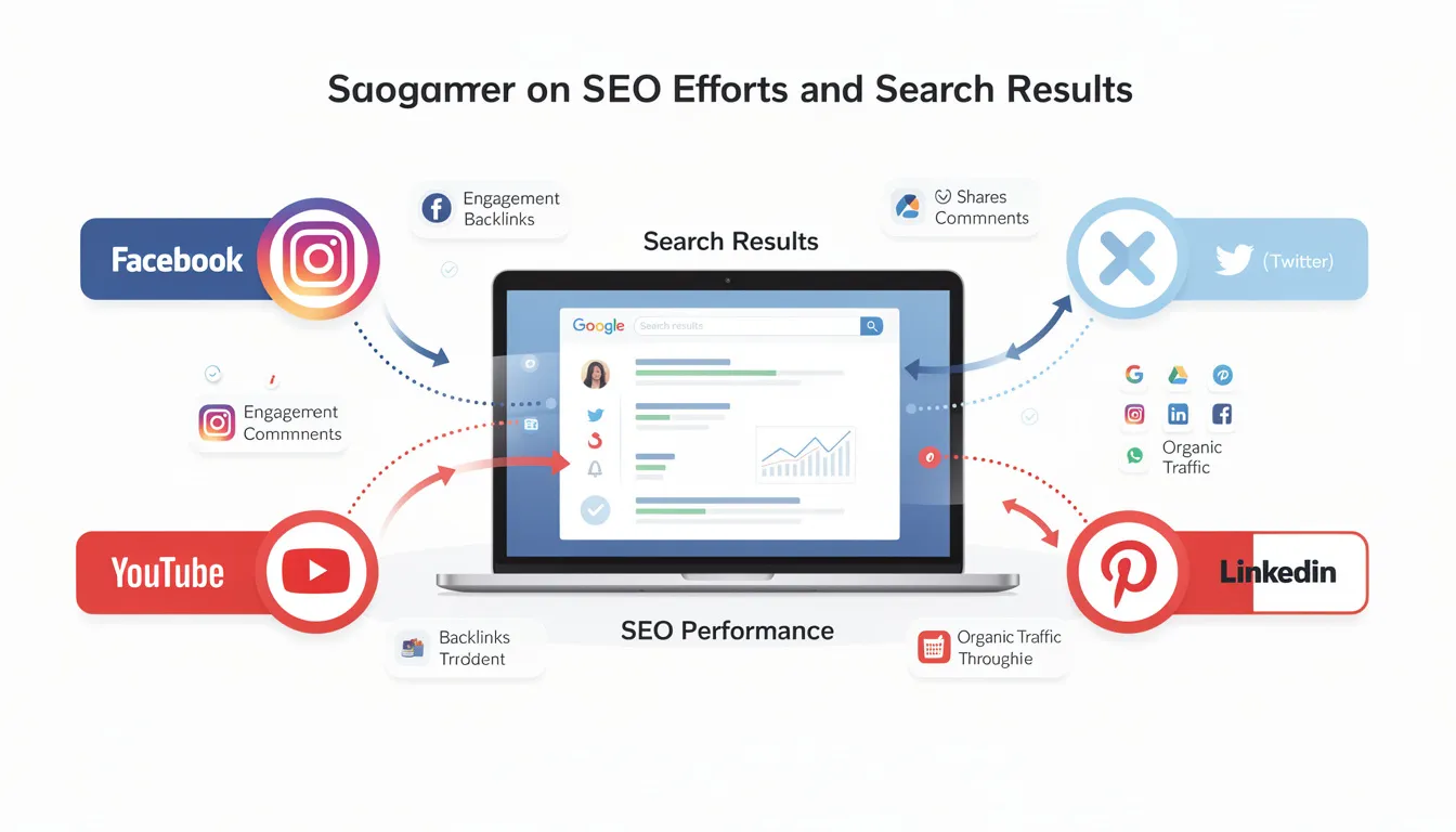 The image illustrates key social media channels and their impact on SEO efforts, highlighting various social media platforms and their role in enhancing search engine rankings. It emphasizes the importance of social media engagement, relevant keywords, and social media marketing strategies in driving website traffic and improving content visibility in search results.