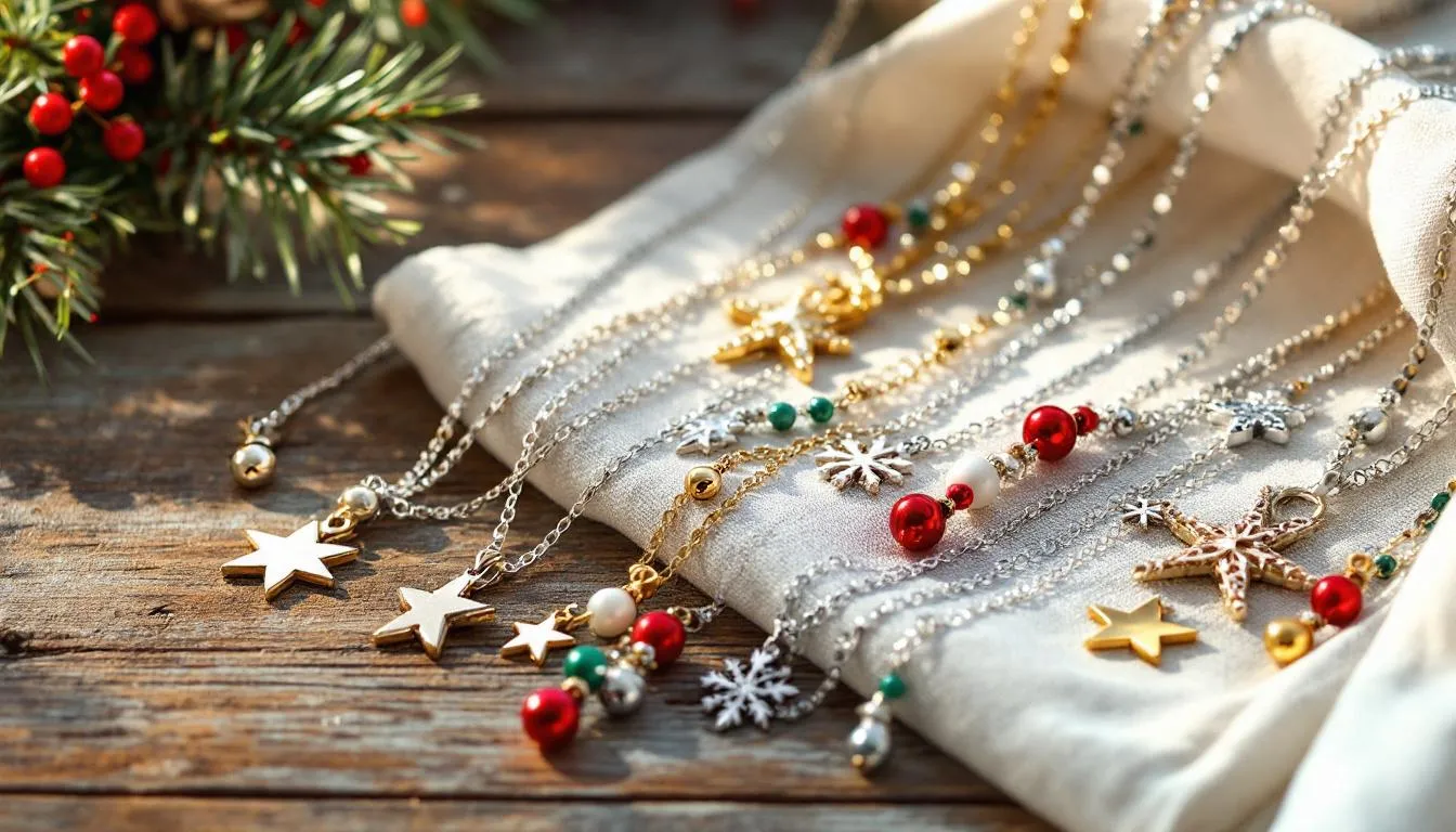 A collection of popular Christmas necklaces displayed, featuring festive designs like Christmas trees and playful pendants, made from materials such as gold, silver, and pearls. These statement pieces add a fun touch to holiday outfits, perfect for celebrating the season.
