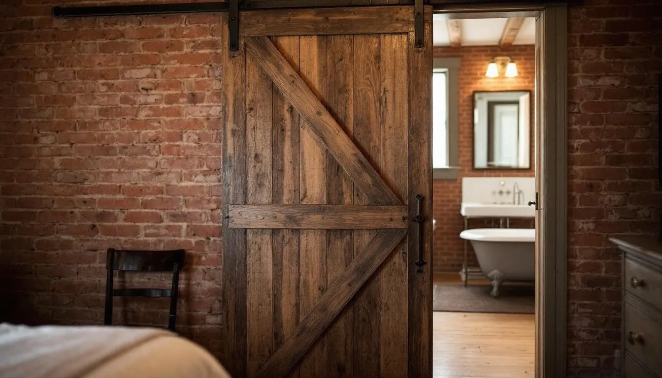 Barn door creating a transition between bedroom and bathroom.