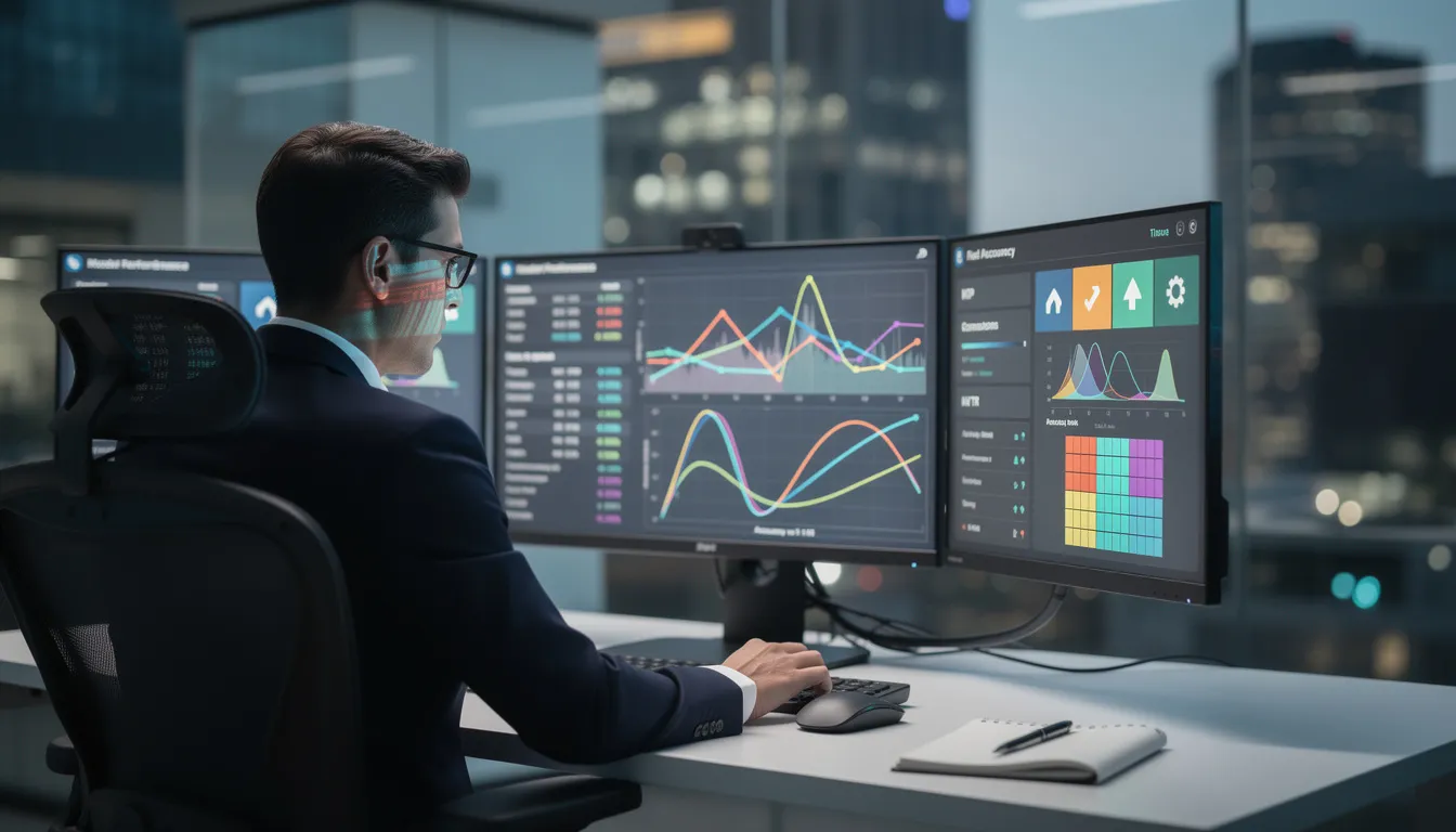 A business professional is intently analyzing AI performance metrics displayed on multiple computer monitors, showcasing a growth mindset as they leverage AI tools to gain insights and develop strategies for their company. The environment reflects a focus on data-driven decision-making, essential for fostering a very good relationship with clients and enhancing business outcomes.