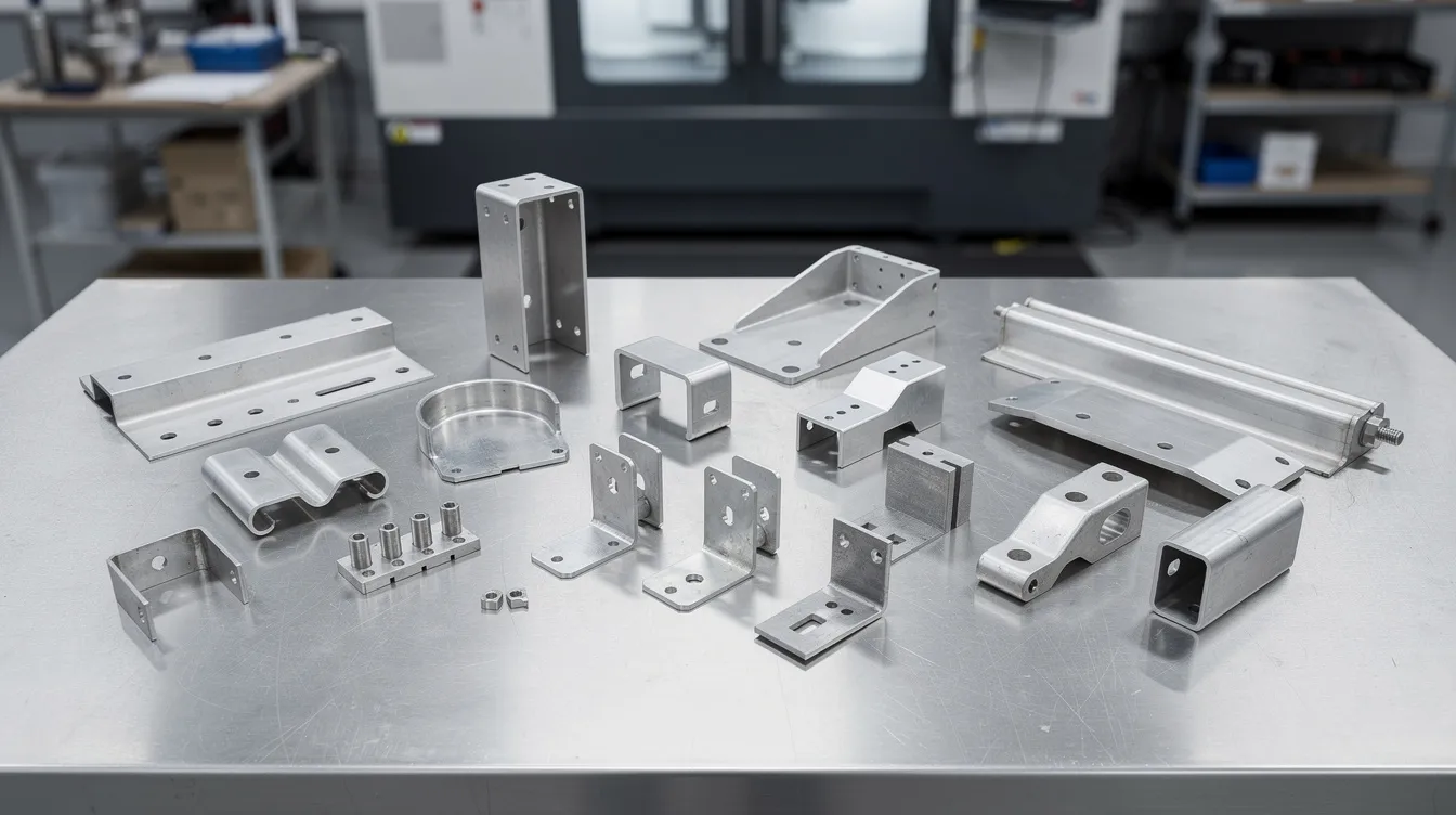 The image features a variety of precision sheet metal components, including brackets and enclosures, neatly arranged on a stainless steel worktable within a sheet metal fabrication factory. This setting highlights advanced manufacturing techniques such as laser cutting and CNC machining, showcasing custom metal parts designed for high volume production.