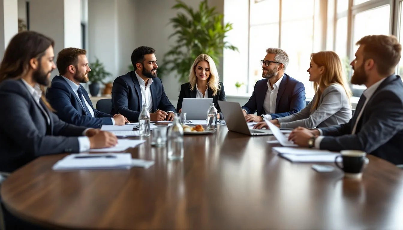 Een groep woningprofessionals zit rond een tafel tijdens een zakelijke vergadering, waar ze renovatieplannen bespreken. Het gesprek richt zich op de subsidieregeling procesondersteuning opschaling renovatieprojecten en de implementatie van energiebesparende isolatiemaatregelen voor bestaande woningen.