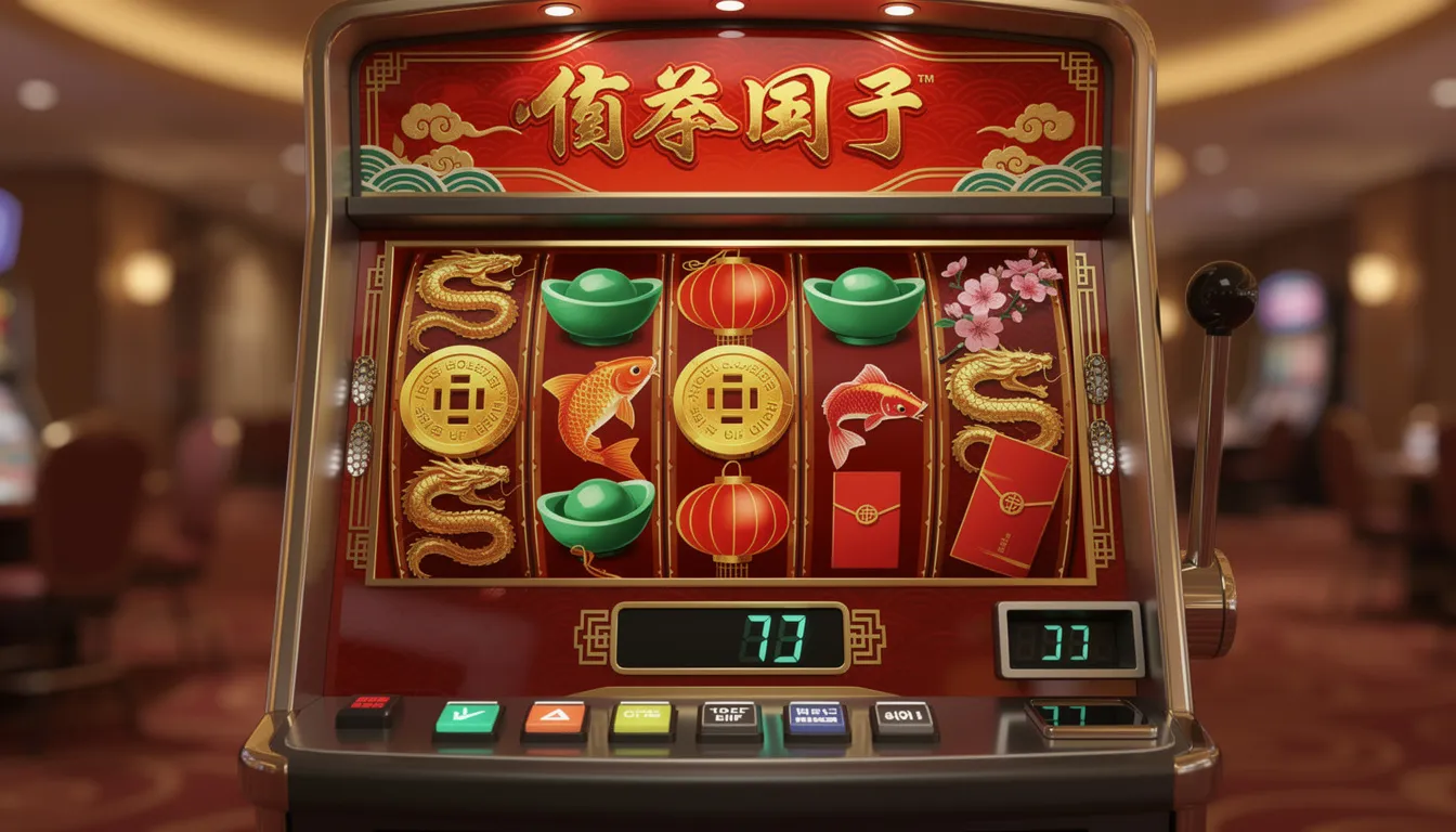 Asian-themed slot machine featuring dragons and lucky coins reflecting casino excitement.