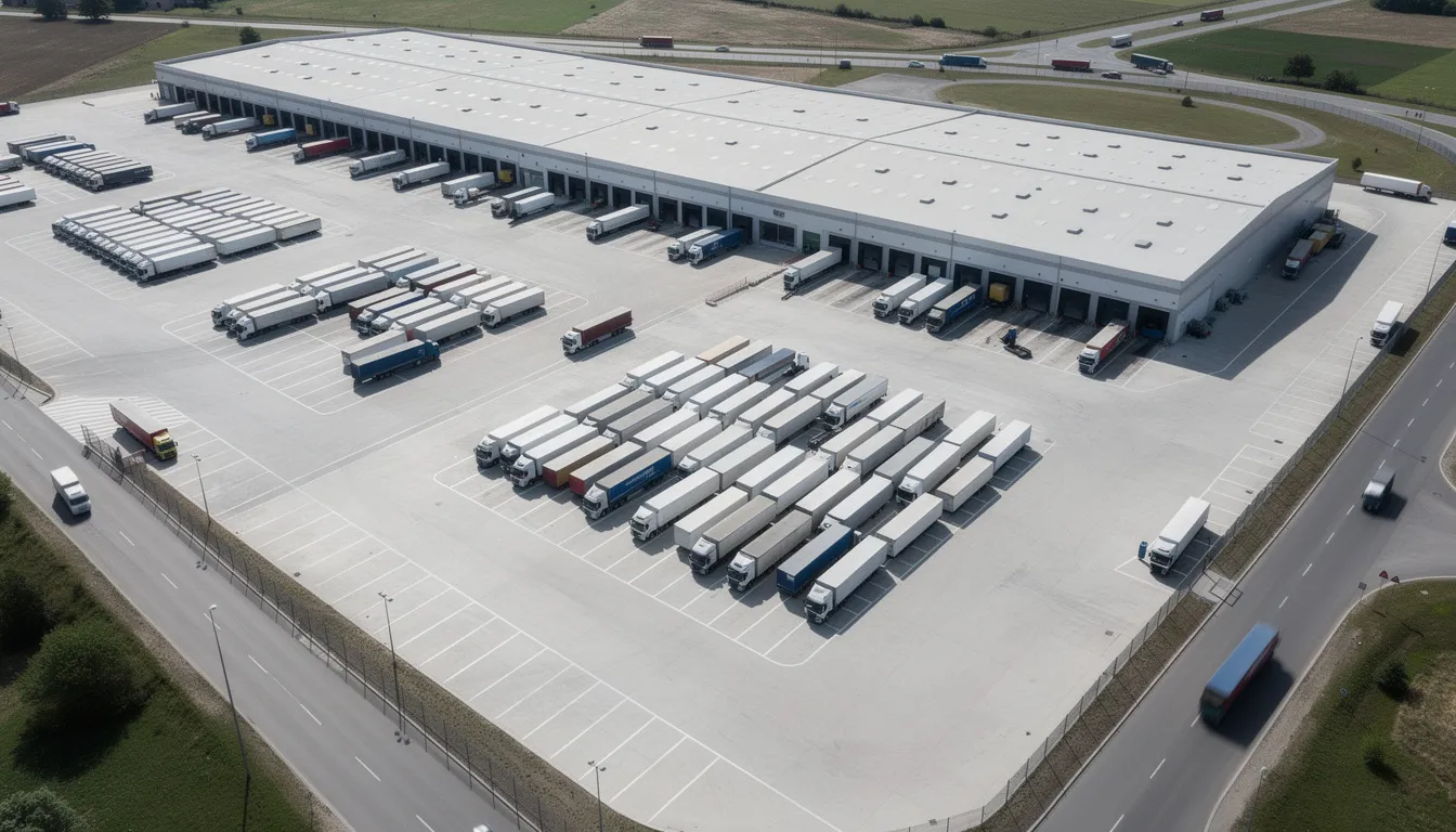 An aerial view captures a large logistics depot bustling with dozens of commercial trucks parked in organized rows, highlighting the efficient management of fleet vehicles. This scene reflects the importance of professional installation of telematics devices for enhancing operational efficiency and vehicle tracking in fleet operations.