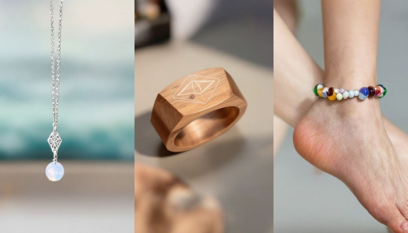 An array of sustainable jewelry pieces showcasing unique designs.