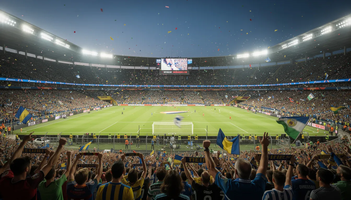 A vibrant sports stadium filled with an enthusiastic crowd, cheering passionately during a live match, creates an electric atmosphere. The scene captures the excitement of fans engaged in the game, reminiscent of the thrill found in casino games and the potential for cash prizes.