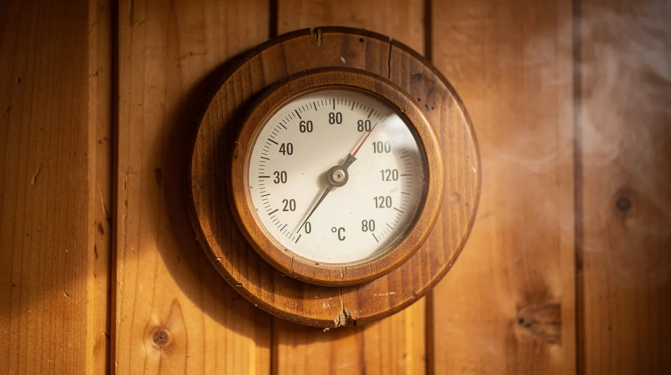A close-up image of a wooden sauna thermometer displays the temperature gauge, indicating high temperatures typical for sauna use. This visual emphasizes the potential benefits of sauna sessions for promoting relaxation and providing temporary relief from cold and flu symptoms.