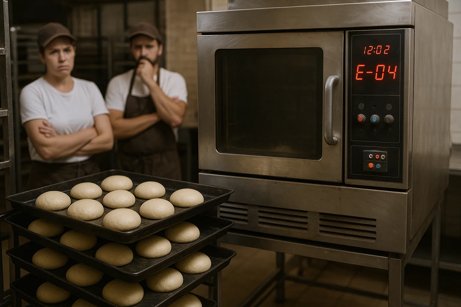 Idle bakery oven with trays of dough waiting, showing the impact of a production breakdown.