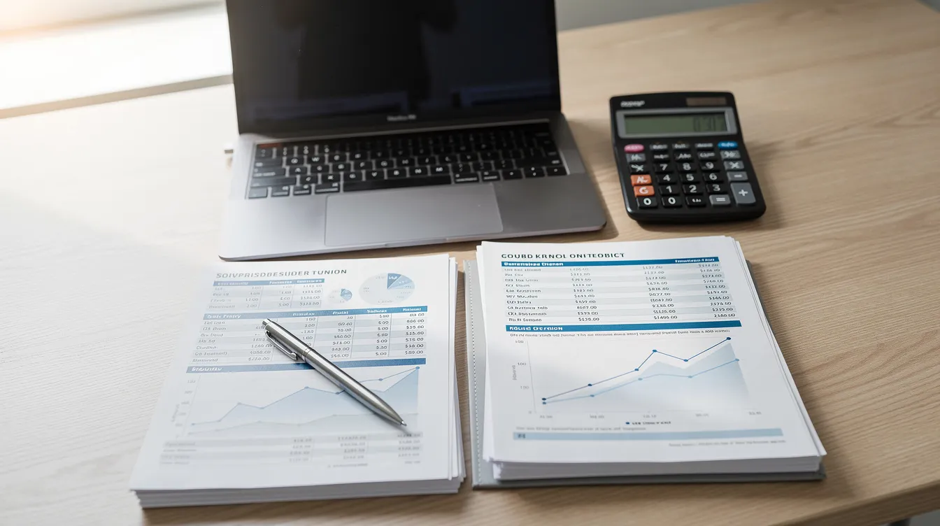 The image depicts a professional workspace featuring a calculator, a laptop, and various financial documents spread across a desk, suggesting a focus on business planning and financial analysis. This setup may relate to the puffed rice industry, highlighting aspects such as production capacity, project reports, and investment strategies for small and medium enterprises.