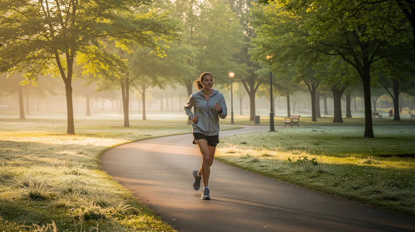 A person is jogging slowly through a lush green park, surrounded by trees and grass, embodying a healthy lifestyle that can be beneficial for mental health. This serene scene highlights the importance of physical activity in managing symptoms of bipolar disorder and promoting overall well-being.