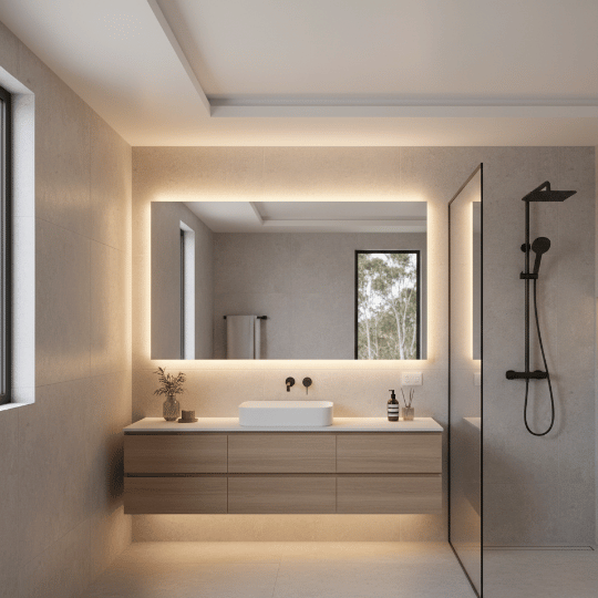 Minimal bathroom with a tray ceiling and soft cove lighting, floating vanity, and a large backlit mirror.