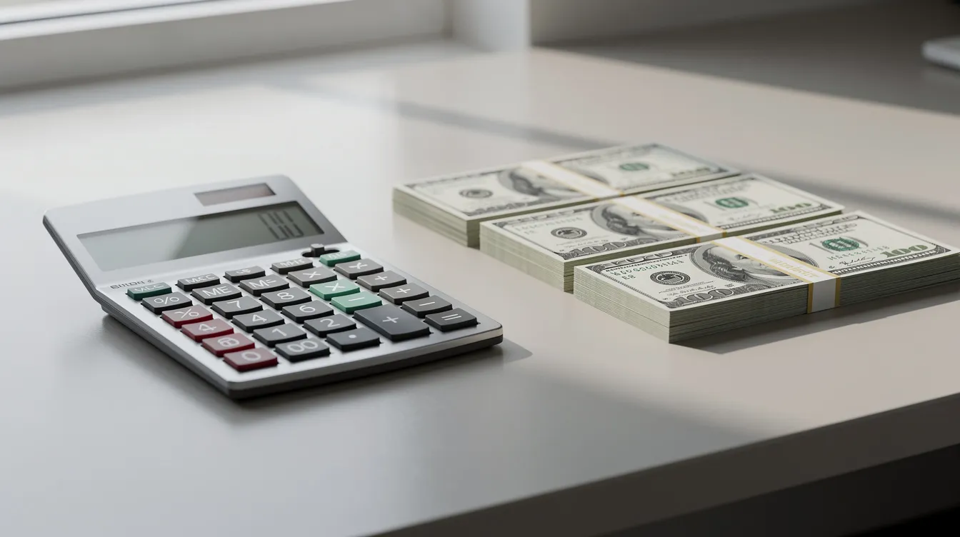 The image shows a calculator placed next to neatly arranged stacks of US dollar bills on a clean desk, symbolizing the financial calculations involved in real estate investing and deal structuring. This setup reflects the importance of managing cash flow and understanding closing costs in successful real estate deals.