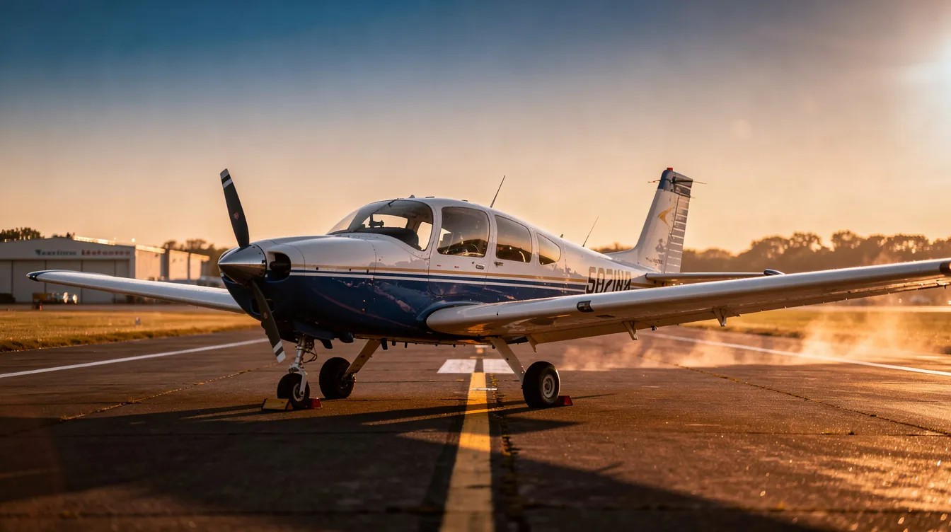 A small training aircraft is parked on a runway, bathed in the warm light of golden hour, symbolizing the beginning of an aspiring pilot's journey towards obtaining a commercial pilot license. This serene scene captures the essence of flight training, where students prepare to take flight lessons and gain valuable flight hours.