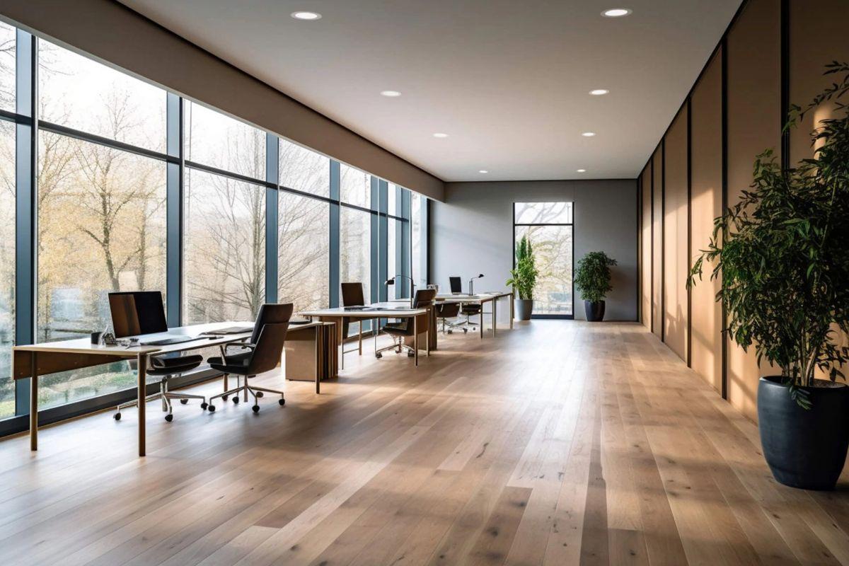 Modern office with recessed ceiling lights illuminating desks and a large open workspace
