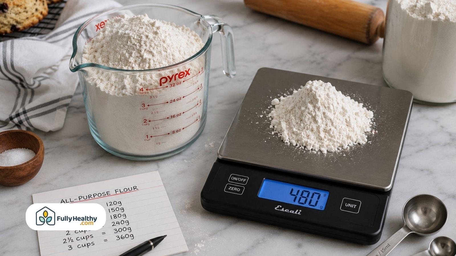 Measuring cup and digital scale showing flour conversion for bakin