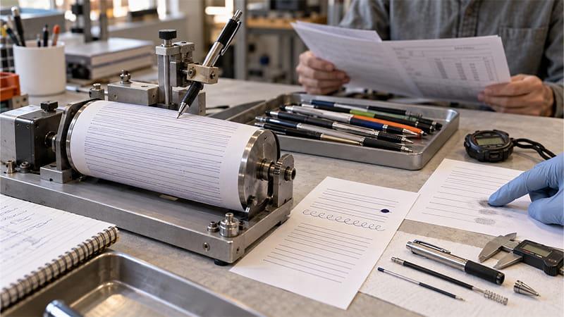 Illustrative ballpoint pen testing setup evaluating writing distance, ink consistency, drying time, construction, and refill access