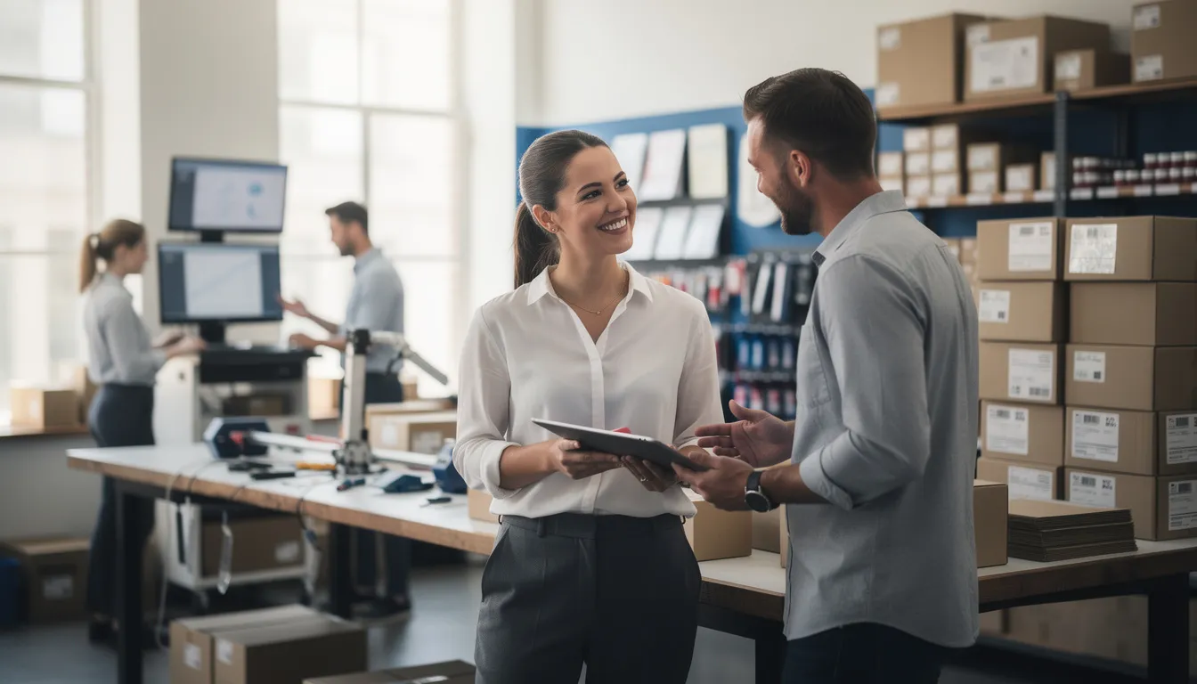 A confident small business owner stands in a modern workspace, smiling as they review numbers on a tablet while conversing with a team member. The organized environment showcases signs of growth, including new equipment and packed orders, reflecting the success achieved through business funding and effective management.