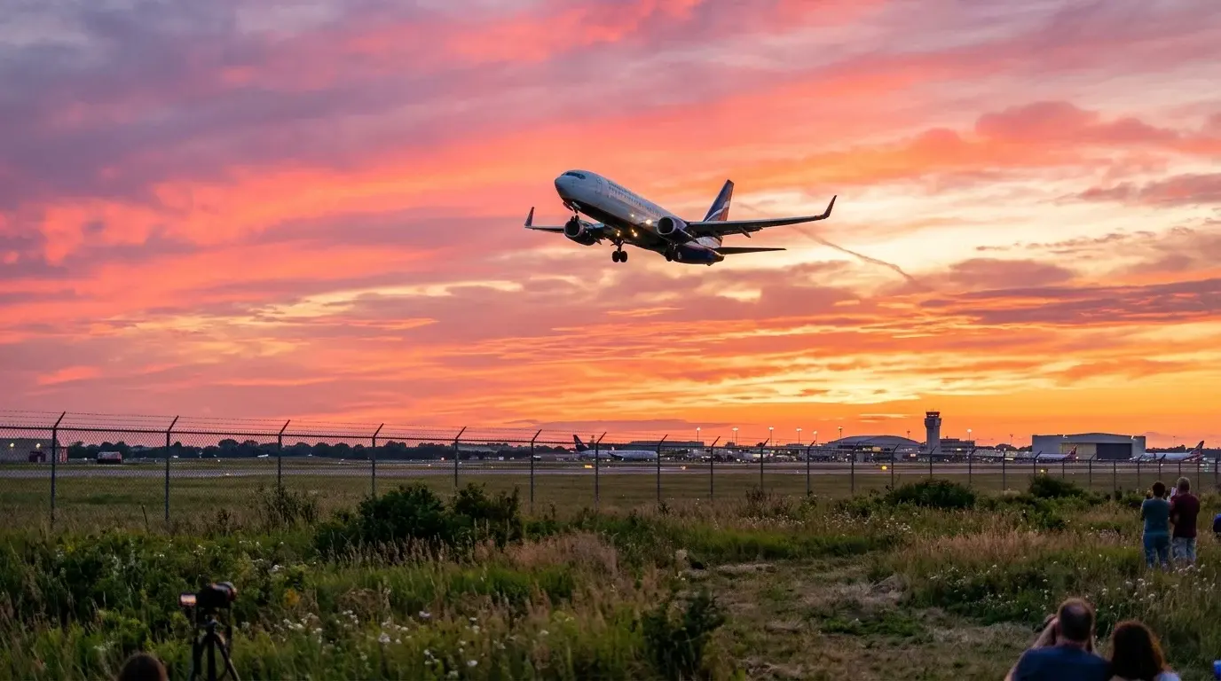 Passenger jet climbing over an airfield fence at sunset