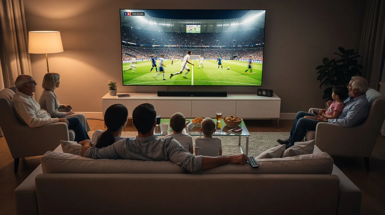 A family of four is gathered in their living room around a large smart TV, excitedly watching a live football match that captures the vibrant atmosphere of the stadium. The scene reflects the joy of sports fans enjoying high-quality streaming of live sports channels, facilitated by a reliable IPTV service.