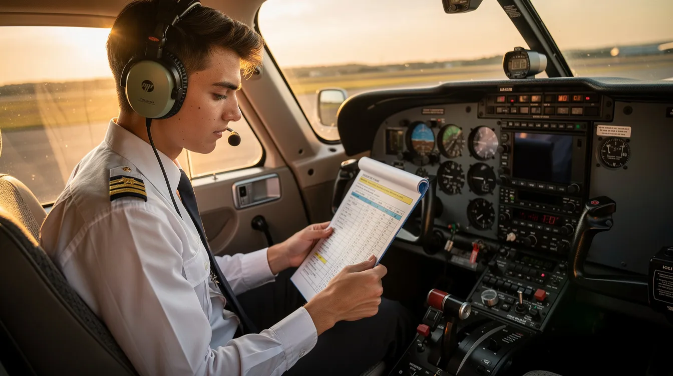 A young pilot sits in the left seat of a Cessna cockpit, diligently reviewing a checklist as part of their flight training. This aspiring pilot is preparing for their flight, showcasing the dedication required to obtain various pilot certificates under FAA regulations.
