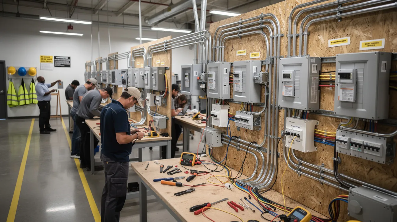The image depicts a construction training classroom equipped with electrical panels and wiring stations, where apprentices practice hands-on skills essential for becoming EVITP certified electricians. This comprehensive training environment focuses on the installation and maintenance of electric vehicle charging infrastructure, adhering to the highest industry standards.