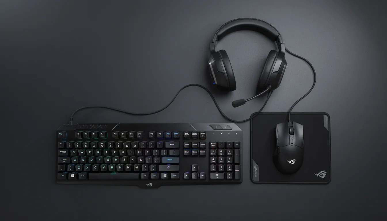 The image showcases a neatly arranged gaming laptop accessories bundle, including a mechanical keyboard, a precise gaming mouse, and a comfortable headset, all essential for gamers seeking high performance and cutting-edge technology. This setup is ideal for those looking to enhance their gaming experience or explore gaming computer rentals without a significant upfront investment.