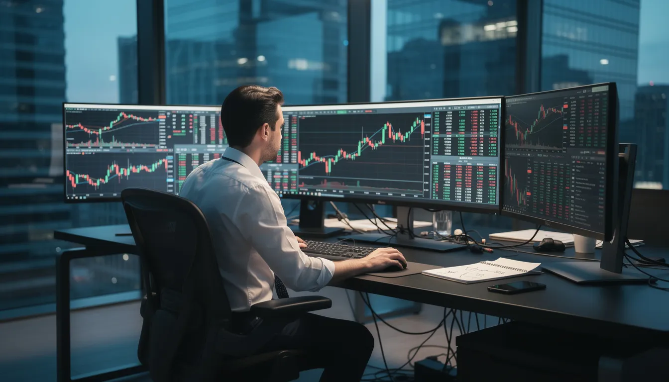 The image shows a trader focused at a desk surrounded by multiple computer monitors displaying various financial data, including charts and figures related to bitcoin price and market trends. This environment reflects the high-stakes world of crypto markets and the volatility often associated with bitcoin bear markets and trading activities.
