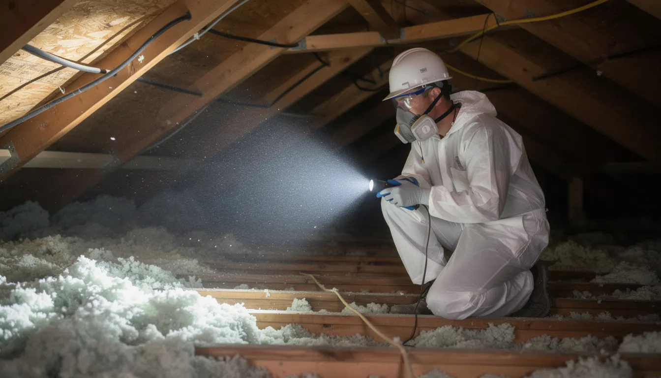 A professional technician in protective equipment is inspecting an attic space with a flashlight, looking for potential hazards such as mold growth and rodent droppings. This thorough inspection is a crucial step in the attic cleaning process to ensure energy efficiency and improve indoor air quality.