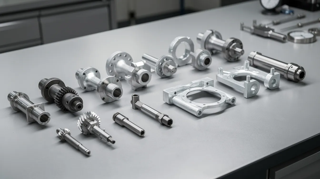 The image features an array of precision-machined aluminum and steel components meticulously laid out on an inspection table, highlighting the intricate details and tight tolerances achieved through advanced CNC machining services. This setup emphasizes the quality control process essential for ensuring the performance of custom CNC machining in various industries.