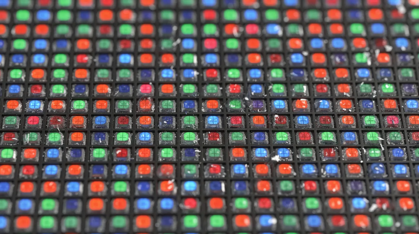 The image features a close-up view of an LED panel surface, showcasing individual pixel modules meticulously arranged in a grid pattern. This high-resolution display exemplifies the visual quality and brightness often found in LED screens used for outdoor events and concerts.