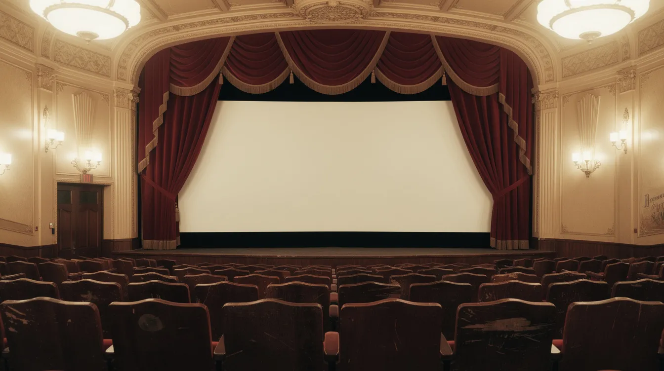 Der historische Kinosaal aus den 1920er-Jahren zeigt einen eleganten roten Samtvorhang vor einer großen Leinwand, während die leeren Holzsitze auf eine vergangene Zeit des Films und der Filmmusik hinweisen. Die Atmosphäre erinnert an das Drama und die Kunst der damaligen Ära, in der Musik und Film eng miteinander verbunden waren.
