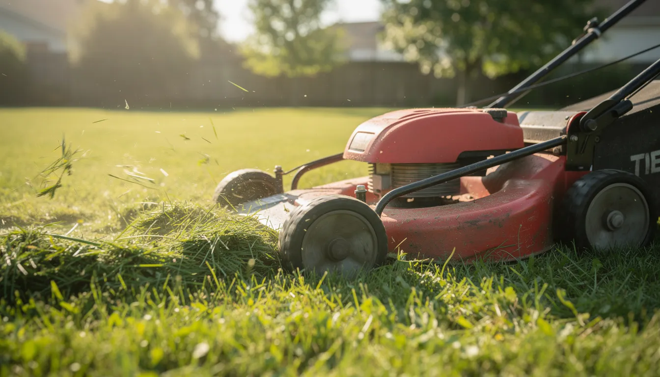 A rotary lawn mower is cutting lush, dark green grass on a sunny summer day, creating a healthier and greener lawn. The mower efficiently trims the grass, helping to maintain a weed-free and well-groomed garden.