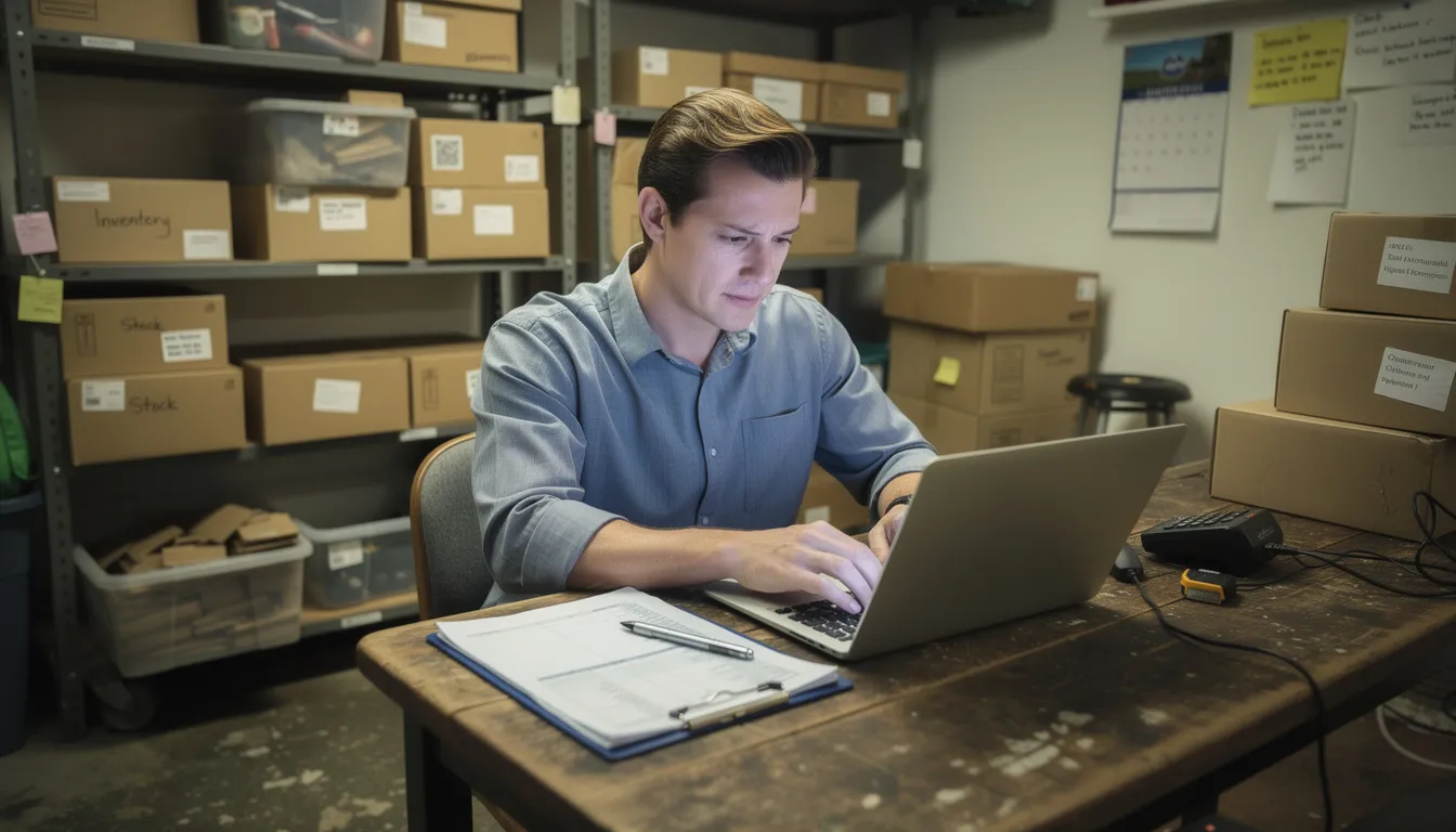 A small business owner is focused on reviewing inventory reports on a laptop in a retail backroom, utilizing inventory management software to monitor stock levels and track sales trends. The scene reflects the importance of effective inventory control in retail operations, highlighting essential features for managing inventory across multiple locations.