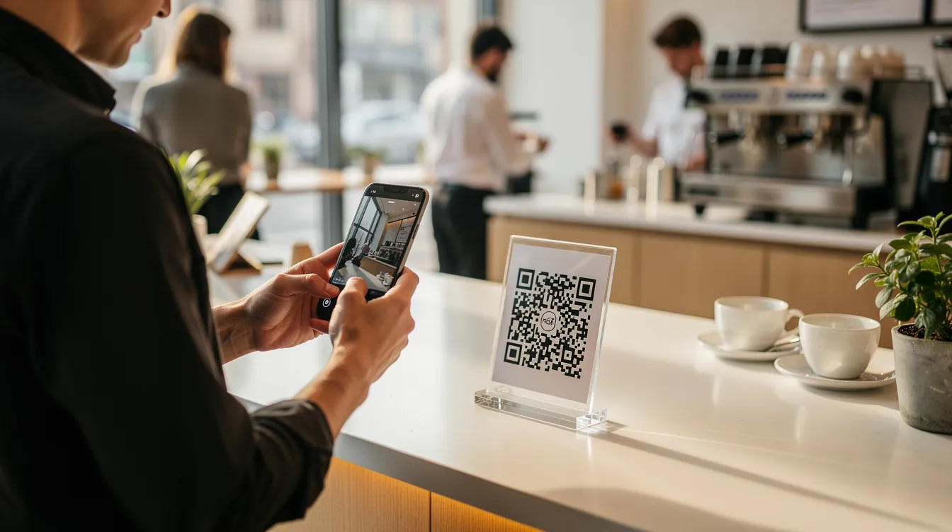 A person is standing at a bright, modern café counter, holding a smartphone as they scan a QR code, engaging with the café's digital loyalty program to earn rewards and enhance their customer experience. This interaction reflects the growing trend of using technology to boost customer engagement and retention in today's businesses.