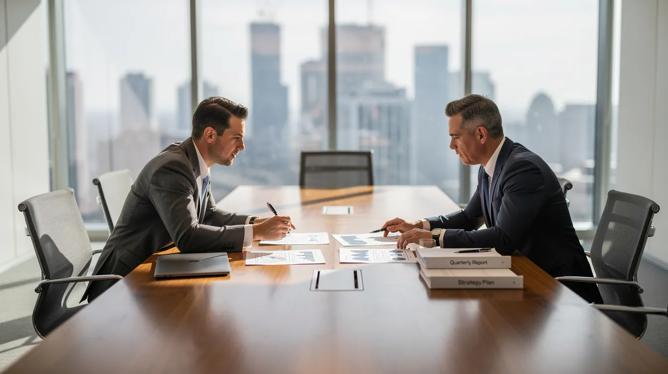 The image depicts a professional meeting room where two individuals are engaged in a discussion, reviewing documents across a table. This setting suggests a collaborative effort to plan ahead and manage resources effectively in a business context.