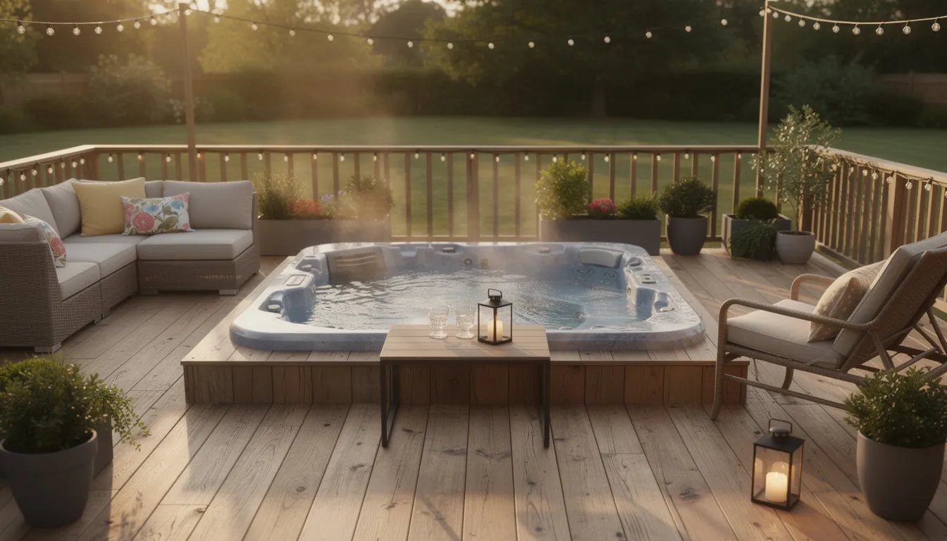 The image features a hot tub situated on a wooden backyard deck, surrounded by comfortable patio furniture, creating a relaxing outdoor space. This setup is ideal for residents looking to enjoy leisure time while considering the disposal of bulky items like furniture and appliances through services like bulk trash pickup.