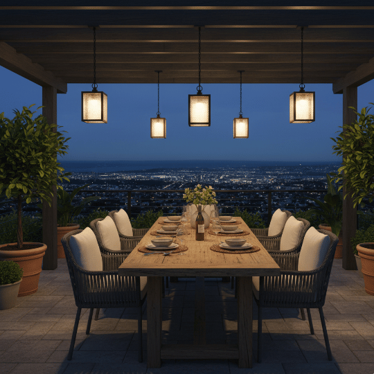 Outdoor pendant lights hanging above a dining table, casting a warm glow over an elegant patio with a city skyline view.